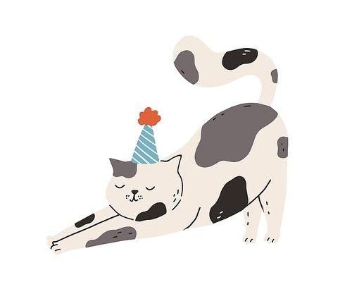 Cute and funny cat stretching itself leaning on front paws. Adorable  kitty wearing party hat on head. Hand-drawn colored flat vector illustration isolated on white .