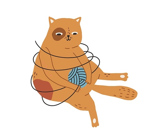 Cute cat playing with yarn ball tangled in threads isolated on white . Funny ginger kitty sitting with string around it. Colored flat vector illustration drawn in doodle style.