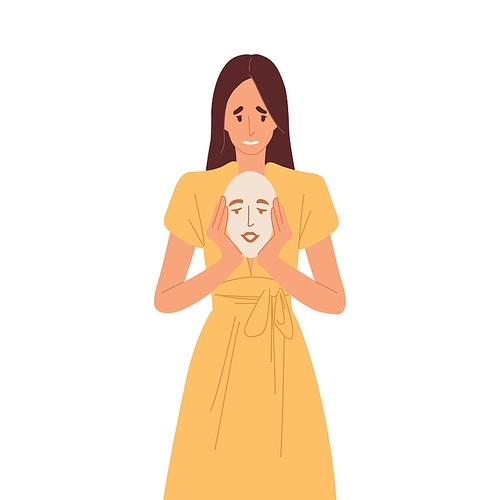 Offended woman hiding her real feelings behind face mask with fake calm emotion. Person disguising offense and psychological problems. Colored flat vector illustration isolated on white .