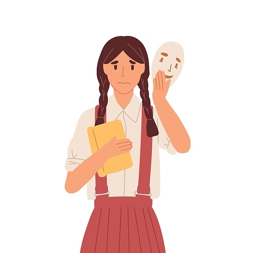 Girl putting on social face mask with fake positive emotion to hide real sad feelings behind it. Unhappy person disguising fear. Colored flat vector illustration isolated on white .