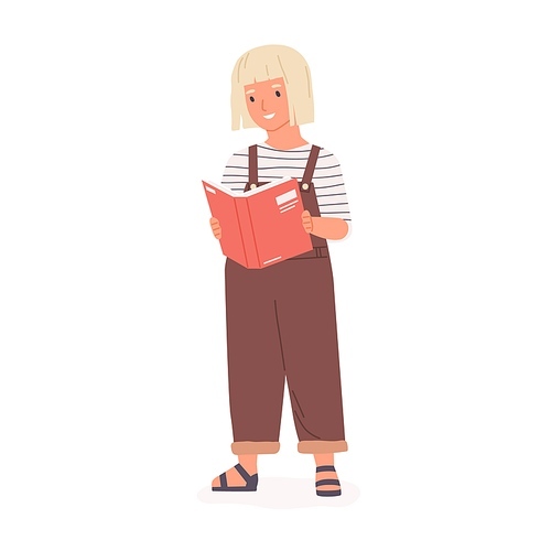 Happy smart girl standing and reading book. Smiling kid holding textbook and studying. Colored flat vector illustration of female child or schoolgirl isolated on white .