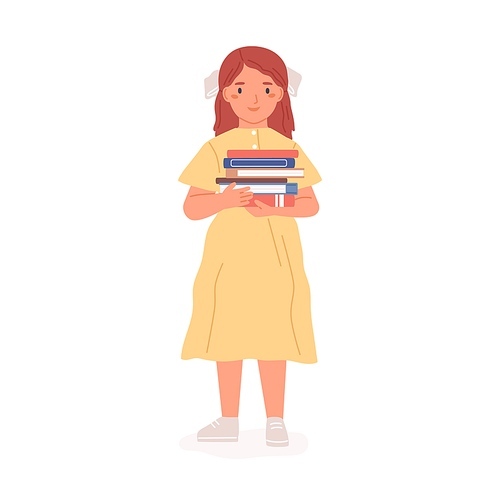 Happy lovely girl standing with pile of books. Sweet kid holding stack of textbooks from school library. Colored flat vector illustration of child or schoolgirl in dress isolated on white .