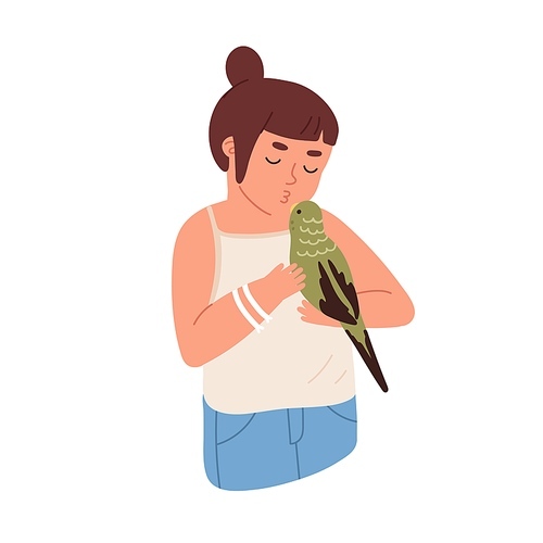 Kid  parrot. Happy child hold budgerigar. Pet owner with home bird. Colored flat vector illustration of little girl with cute adorable budgie isolated on white .