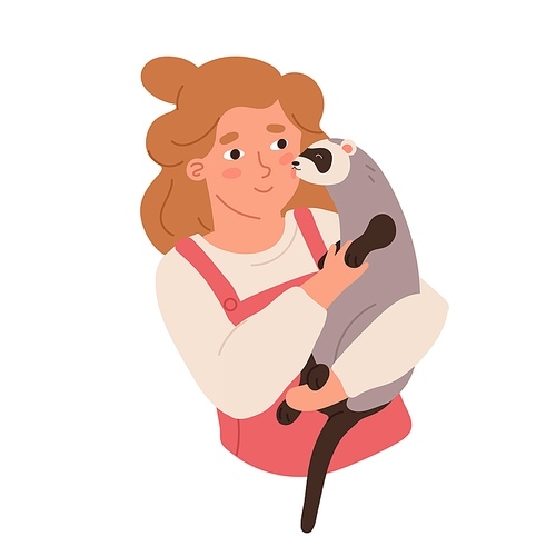 Kid holding furry ferret in hand. Happy smiling child with polecat. Pet owner with cute animal. Colored flat vector illustration of little girl with adorable animal isolated on white .