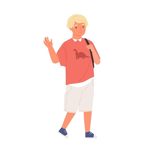 Smiling boy waving hand and saying hi or bye. Schoolboy walking and carrying school bag. Blonde kid gesturing hello or goodbye. Colored flat vector illustration isolated on white .