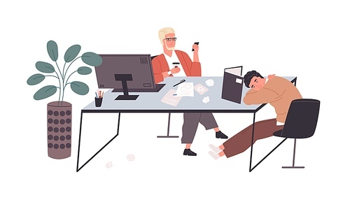 Bored lazy workers relaxing at desk. Clerks sleeping and using phone instead of working. Unproductive people doing nothing and procrastinating. Flat vector illustration isolated on white .