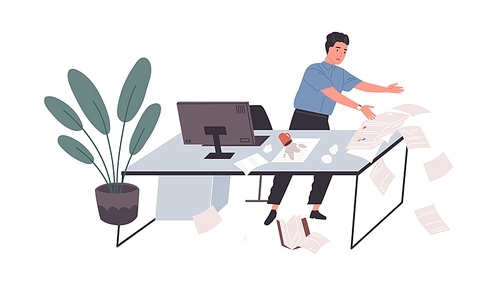 Awkward employee standing at office desk with papers falling down on floor. Concept of chaos and mess at work. Colored flat cartoon vector illustration of tired and clumsy worker isolated on white.
