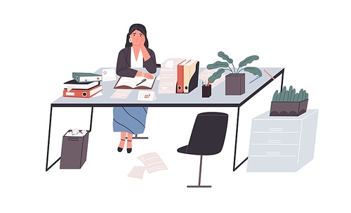 Sad and tired employee overloaded with work. Unhappy depressed woman sitting behind office desk among papers. Colored flat vector illustration of upset exhausted worker isolated on white .