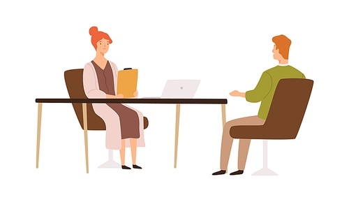 Female HR manager having job interview with male applicant vector flat illustration. Recruit and employer talking in office isolated on white. Head hunting, recruitment and candidate choice.