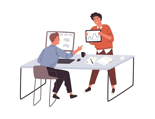 Office communication. Two young male colleagues discussing their business project at the workplace. Flat vector illustration isolated on white .