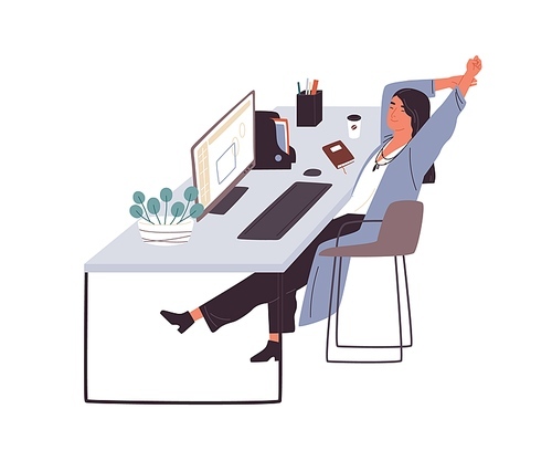 Smiling woman sitting at desk having rest and stretching. Female office worker or clerk having break after working with computer. Flat vector illustration isolated on white .