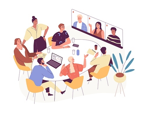 Online conference with foreign business partners. People in office and remote workers on virtual meeting by video call. Colored flat vector illustration isolated on white .