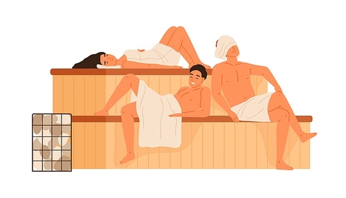 Group of people relaxing in public sauna or banya vector flat illustration. Man and woman sitting and lying on the benches at steam room isolated. Friends wrapped in towels resting at vapor bath.