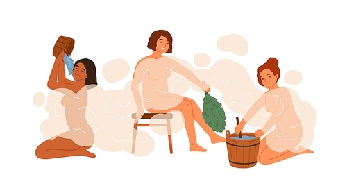 Group of woman in public bathhouse or banya full of hot steam vector flat illustration. Happy female washing their bodies and holding brooms and buckets isolated. People during bathing.