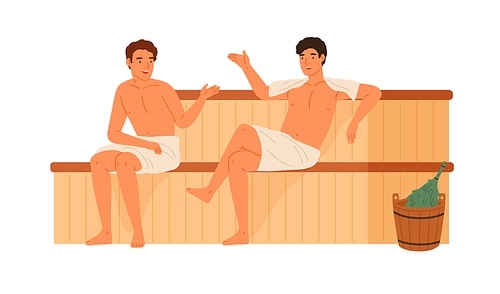 Two male friends talking and relaxing at sauna or banya vector flat illustration. Men wrapped in towels sitting on wooden bench in steam room isolated on white. People resting at vapor bath together.