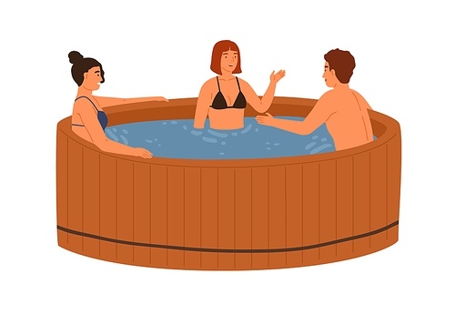 Smiling friends talking and bathing at wooden pool or hot tub together vector flat illustration. Group of people in swimwear relaxing at public spring bath isolated on white. Spa wellness procedure.