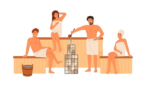 Group of people relaxing at public sauna or bathhouse vector flat illustration. Men and women wrapped in towels sitting at wooden steam room isolated on white. Male pouring water on hot stones.