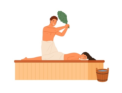 Male steaming female holding bath broom vector flat illustration. Woman wrapped in towel lying on wooden bench enjoying spa therapy at sauna or banya isolated on white. Couple at steam room.