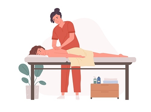 Therapist massaging patient's back. Person lying on couch and enjoying body SPA treatment. Wellness physiotherapy in salon. Colored flat cartoon vector illustration isolated on white .