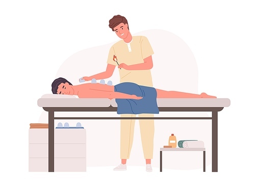 Professional massage therapist practicing vacuum cupping body therapy in salon. Patient enjoying wellness SPA physiotherapy. Colored flat cartoon vector illustration isolated on white .