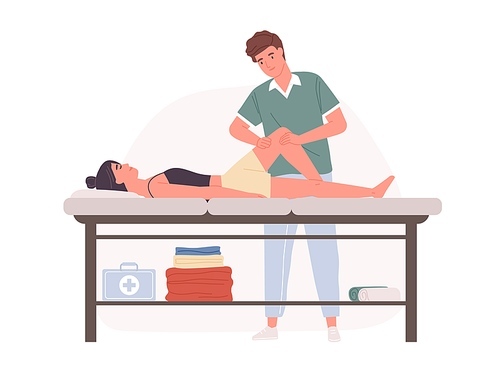 Therapist practicing sports massage or osteopathy. Professional physiotherapy for body recovery and rehabilitation. Colored flat cartoon vector illustration isolated on white .