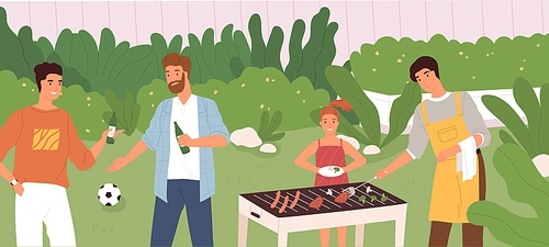 Scene of people at outdoor barbecue party. Man cooking BBQ meat and sausages, friends chatting and drinking beer. Colored flat cartoon vector illustration of summer weekend in nature.