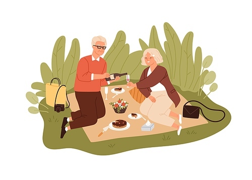 Happy elderly couple drinking wine and celebrating anniversary on picnic blanket. Aged man and woman outdoors on date. Senior lovers spending leisure time together. Flat vector illustration.