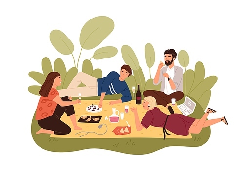 Group of happy friends relaxing outdoors on picnic blanket. Male and female characters eating, drinking and chatting outside. People spending summertime together in nature. Flat vector illustration.