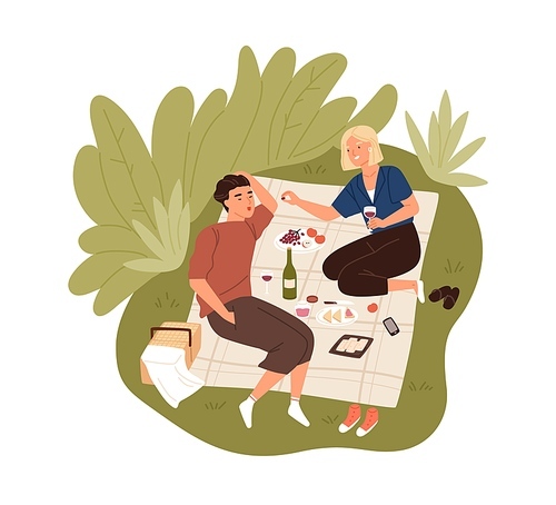 Happy couple on date outdoors. Man and woman spending summertime together resting on picnic blanket in nature. Young lovers drinking wine, eating and relaxing outside. Flat vector illustration.