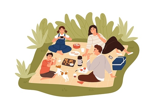 Happy family spending time outdoors at picnic together. Parents and children enjoying food, playing with dog and having fun in nature. People sitting on blanket and relaxing. Flat vector illustration.