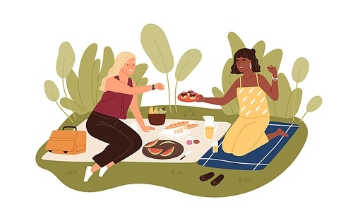 Happy female friends relaxing on picnic blanket in summer. Two women spending leisure time together outdoors. People enjoying food at summertime in nature. Flat vector illustration isolated on white.
