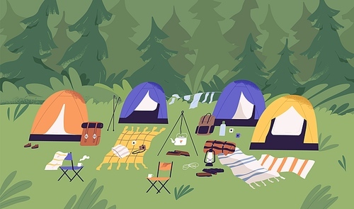 Touristic summer campground with tents, picnic blankets, sleeping bags and backpacks. Camping area in clearing in forest. Tourism in nature. Colored flat vector horizontal illustration.