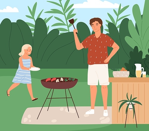 happy family cooking barbecue at backyard vector flat illustration. joyful father preparing s and meat on grill, girl bringing plates. parent and child preparing food for picnic.