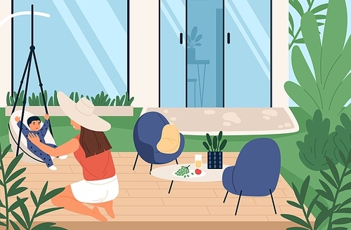 Happy mother playing with little son at backyard of house vector flat illustration. Joyful family spending time together at summer weekend. Woman enjoying motherhood outdoor.