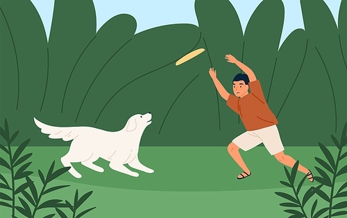 Happy boy playing with cute dog at summer park vector flat illustration. Funny child tossing frisbee for playful domestic animal. Pet and male kid owner spending time together outdoor.