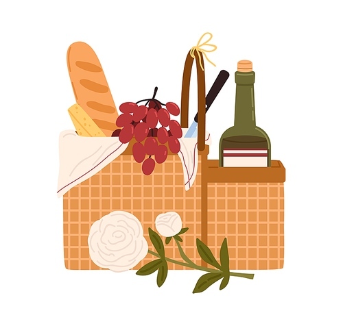 Picnic basket or hamper with delicious meals and snacks for outdoor romantic dinner bottle of wine, baguette, cheese and grapes. Colorful flat vector illustration isolated on white .