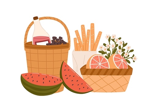 Composition of picnic baskets with delicious meals and snacks for outdoor romantic dinner bottle of wine, breadsticks and fruits. Colorful flat vector illustration isolated on white .