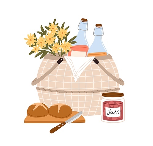 Composition of picnic basket with flowers and snacks for outdoor romantic dinner bottles of fruit lemonade, bread and jar of jam. Colorful flat vector illustration isolated on white .