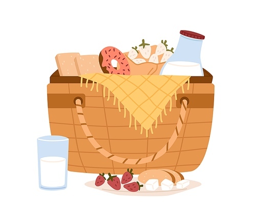 Composition of non alcoholic picnic basket with bottle of milk, sliced bread, strawberries and sweet dessert. Colorful flat vector illustration isolated on white .