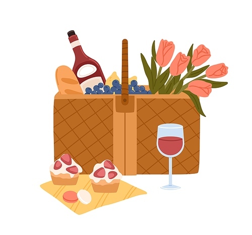 Picnic basket with delicious food for outdoor romantic dinner bottle of wine, wineglass, baguette, cakes and bouquet of flowers. Colorful flat vector illustration isolated on white .