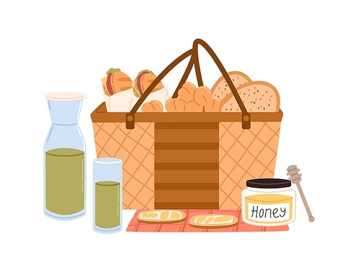 Composition of picnic basket with sandwiches and fruits, glass bottle of juice, sliced bread and jar of honey. Colorful flat vector illustration isolated on white .