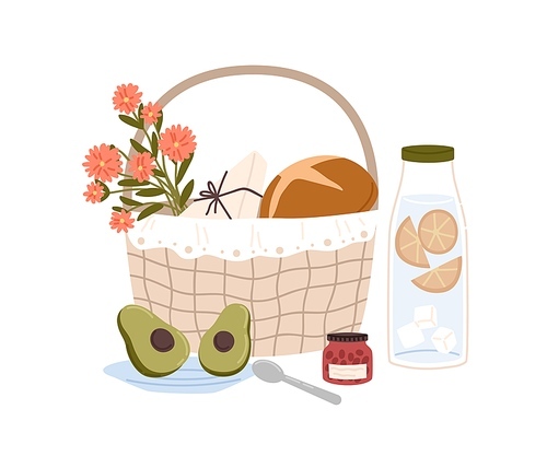 Composition of picnic basket with wild flowers and snacks for outdoor romantic breakfast or lunch bottle of lemonade, avocado, bread and jar of jam. Color flat vector illustration isolated on white.