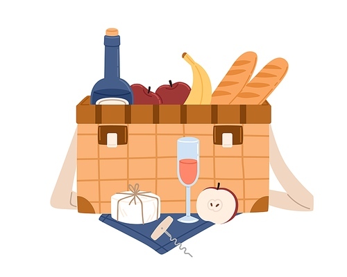Picnic wicker basket with bottle of wine and food. Hamper with snacks, fruits, baguettes, cheese and alcoholic drink for summer lunch. Colored flat vector illustration isolated on white .