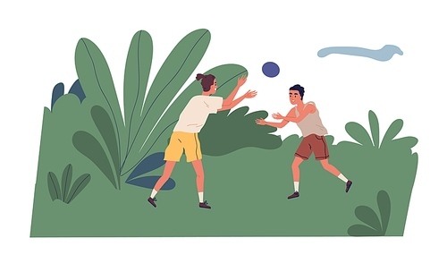 Scene of young men playing ball in nature in summertime. Two guys spending leisure time together outdoor in summer. Colorful flat vector illustration isolated on white .