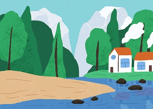 Beautiful natural landscape with forest, mountain, river and countryside houses vector flat illustration. Colorful rural scenery with woods and lake. Scenic view of rustic huts in nature.