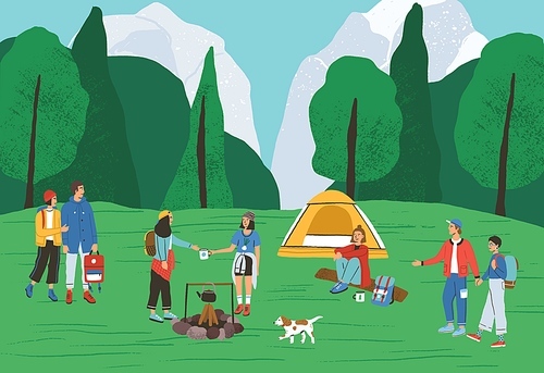 Group of active people spending time at camping in forest vector flat illustration. Backpackers and hikers relaxing near tent and campfire. Tourists enjoying outdoor recreation and summer landscape.