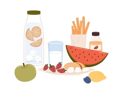 Still life with healthy food such as snacks, summer fruits, glass of milk, bottles of lemonade and juice. Composition with meals and soft drinks isolated on white . Flat vector illustration.