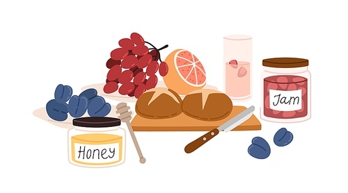 Still life with picnic food such as snacks, bread, buns, summer fruits, berries, jam, honey and glass of lemonade. Composition with meals isolated on white . Flat vector illustration.