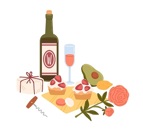 Still life with bottle of wine and picnic food such as cheese, snacks, avocado, cakes. Composition with meals and rose flower isolated on white . Colored flat vector illustration.