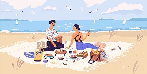 Man and woman drinking wine and eating at seaside. Happy young couple spending summertime together on picnic on sandy beach. People flirting and enjoying outdoor date. Flat vector illustration.